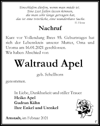 Seit mehr als drei jahrhunderten gibt es die lohnmosterei schellhorn in arnstadt. Traueranzeigen Von Waltraud Apel Trauer In Thueringen De