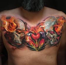 On a rudimentary level knife represents intelligence and wittiness among individuals, and as the expression goes, 'the sharpest knife in the drawer'. Double Flaming Skulls Heart Mens Chest Tattoo