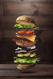 Burger Preparation Ingredients Classic Burger Ingredients Flying On A Wooden Brown Background Food Menu Perfect Hamburger Food Menu Design