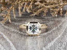 Asscher Cut Moissanite Bezel Engagement Ring • Solid Gold or Platinum • Modern Solitaire -
