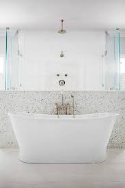 Doorless walk in shoers without door with beautiful pendant lamp. Walk In Shower With Two Glass Doors Transitional Bathroom