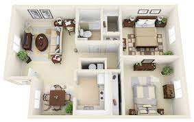In a small bedroom, you want to ensure your bed does not block pathways or doors so ensure you have enough space on all sides of the bed to the layout: 2 Bedroom Apartment House Plans Home Designer Ideas 2 Bedroom House Design Small House Plans Bedroom House Plans