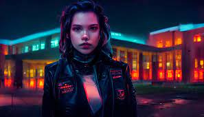 prompthunt: scarlett jolie wearing a black leather jacket standing in front  of a high school, in the style of cyberpunk, night lighting, panoramic view