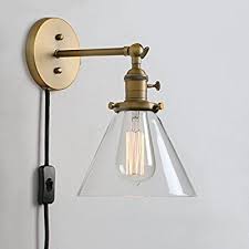 Permo 1 Light Plug In On Off Switch Wall Sconce With Funnel Flared Clear Glass Shade Vintage Industr Glass Light Fixture Glass Wall Sconce Industrial Wall Lamp