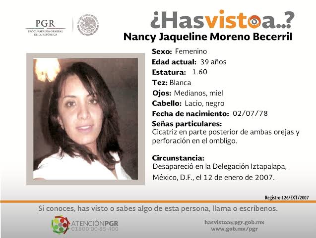 📌 Continúa la búsqueda para localizar a NANCY JAQUELINE MORENO BECERRIL de 39 años. Lugar de extravío: Alcaldía Iztapalapa el 12 de enero de 2007 📞 Llámanos al 5533-5533, del interior de la república