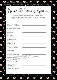 Have fun and learn more about your partner. Bridal Shower Game Celebrity Couples Quiz Printable Famous Couples Bridal Shower Game Rose Gold Shower Game Name The Famous Groom By Glass Slipper Designs Catch My Party