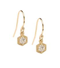 Available in white, yellow, rose, or black rhodium plated gold in 10k, 14k, or 18k. Dainty Hexagon Diamond Dangle Earring