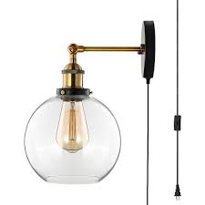Clear Glass Globe Wall Light With Plug In Cord 1 Light Industrial Sconce Light In Black For Study Living Room Beautifulhalo Com