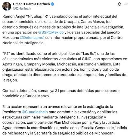 🚨#ÚltimaHora | Detienen a Ramón Ángel, alias “R1”, señalado como el autor intelectual del “cobarde” asesinato de Carlos Manzo, informa Omar García Harfuch, secretario de Seguridad. “R1” es identificado como el principal