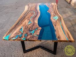 Live Edge River Dining Table With Turquoise Glowing Resin Resin Table Coffee Table Wood Wood Resin Table