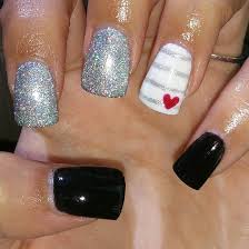 Acrylic Black And White Striped Nails Acrylic Gel Nails Amazing Design Black Silver White With Stripes And A Cute Little Heart Nails Plus Acrylic Nail Designs Valentines Nails