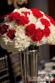 Red And White Carnation And Hydrangea Tall Centerpiece In Silver Vase The French Bouquet Ace Cuervo Red Bouquet Carnation Centerpieces Silver Vases Wedding