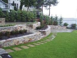 Two Tiered Retaining Wall Sloped Garden Stone Landscaping Yard Landscaping