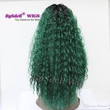 Natural Brazilian Water Wave Beach Curly Hair Lace Wig Synthetic Black Ombre Dark Green Color Lace Front Wigs For Black Women Long Wigs With Bangs