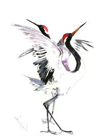 Artwork Japanese Art Black And White Japanese Crane Dance Two Cranes Original Watercolor Minimalist Painting Black White Red Japanese Cranes Bird Art Black And White Art Minimalist Watercolor Crane Dance Black And White Birds