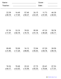 You can create easy decimal problems to be solved with mental math, worksheets for multiplying by 10, 100, or 1000, decimal long division problems, missing number problems, and more. Decimals Worksheets Dynamically Created Decimal Worksheets