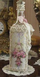 Mixed Media Altered Art Bottle Rose Print Lace Elegant Shabby Ooak Basteln Mit Flaschen Veranderte Flaschen Flaschen Dekorieren