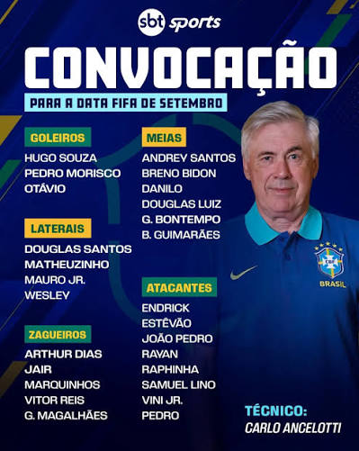 NOVO CICLO NA SELE&Ccedil;&Atilde;O BRASILEIRA 🇧🇷 Confira os convocados por Carlo Ancelotti para os amistosos de setembro contra a Austr&aacute;lia e &Iacute;ndia. E a&iacute;, torcedor, o que achou da lista? Comente 👇