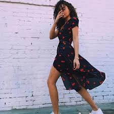 Keseely Split Cherry Print Dress White Sneakers Outfit Dress With Sneakers Printed Long Dresses