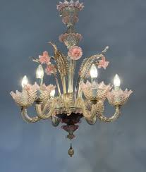 Lustre En Verre De Venise Rose Et Mordore Six Bras De Lumiere Frederic Dulyere Proantic Lustre En Verre Verre De Venise Lustre