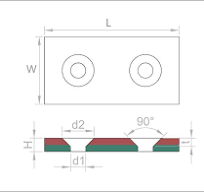 Rectangular countersunk magnets basic size schematic drawing