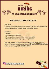 Lowongan kerja lulusan sma smk di umama gallery bandung juni 2021. Lowongan Kerja Pt Yasa Jamur Sriwijaya Bandung Agustus 2019 Info Loker Bandung 2021