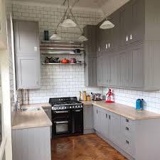 My Completed Kitchen B Q Carisbrook Taupe Grey Gray Framed Units Worktop Express Full Stave Oak Worktop F Taupe Kitchen Kitchen Design Kitchen Design Small