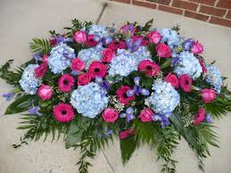 Flowers For On Top Of Casket Blue Hydrangea Fuschia Gerbera Daisies Iris Hot Pink Roses Hot Pink Roses Blue Hydrangea Gerbera Daisy