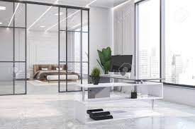 Corner Of Stylish Home Office With White Walls Concrete Floor Stock Photo Picture And Royalty Free Image Image 138732032 Planning to create a home office that fosters creativity and productivity?