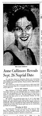 Decker, Wayne; Anne Cullimore Reveals Nuptial Date; 1958; Salt Lake Tribune 
