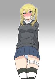 gabao (mattari 2019), yamamoto minami, joshikousei no mudazukai, 1girl,  arms behind back, blonde hair, blue skirt, blush, breasts, cameltoe, closed  mouth, female focus, full-face blush, gradient background, green eyes, grey  background, groin,