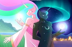 2108160 - safe, artist:marik azemus34, princess celestia, princess luna,  alicorn, anthro, breasts, clothes, day, delicious flat chest, dress, duo,  duo female, ethereal mane, female, jacket, looking at each other, night,  royal sisters,