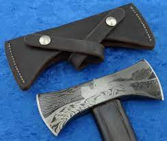 Double Bit Fossil Damascus Hatchet With Blackened Hickory Handle And Sheath Axe Sheath Knife Double Axe