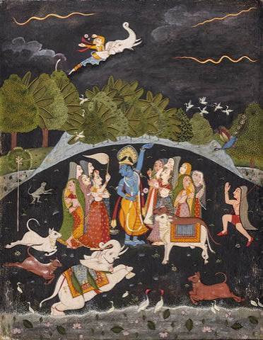 Lord Krishna Lifting Mount Govardhan - Rajasthan, North India, 19th Century - Vintage Indian Miniature Art Painting - Canvas Prints by Miniature Art | Buy Posters, Frames, Canvas & Digital Art Prints |