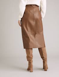 Three small imperfections in fabric caused by moths, and one mark on front near third button, all pictured. Leather Belted Midi Pencil Skirt Autograph M S