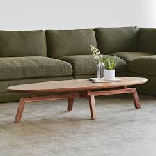 The organic curves of the tabletop rest upon angular legs, creating a pleasing contrast unified by the warmth of the smooth wood grain. Gus Modern Solana Oval Coffee Table Wayfair