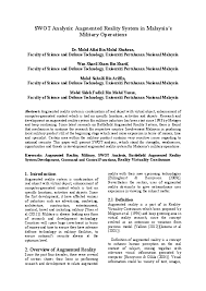 Augmented reality (ar) technology is a technique that combines the real world and the virtual world digitally using mobile devices. Doc I Inova2013 Swot Analysis Augmented Reality System In Malaysia S Military Operations Wan Sharil Sham Sharif Academia Edu