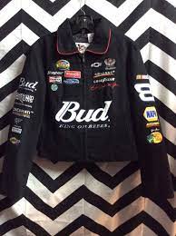 Thick cherry red, black and white 100% cotton body with a fully lined 100% nylon inside. Budweiser Racing Jacket Zip Up Bud King Of Beer Embroidered Logos Covered W Advertising Patches Boardwalk Vintage