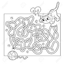 C for cat coloring page: Cartoon Vector Illustration Of Education Maze Or Labyrinth Game For Preschool Children Puzzle Tangled Road Coloring Page Outline Of Cat With Ball Of Yarn Coloring Book For Kids Royalty Free Cliparts Vectors