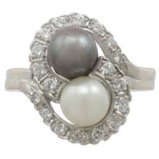 Antique Black And White Pearl Ring Octagonal Pattern Gold Ring Diamond White Gold Dress Ring Black Pearl Ring White Gold Rings
