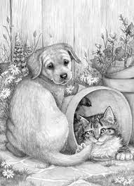 Dog, wolf, kitten, unicorn, coloring pages for kids, my little pony, paw patrol. Puppy And Kitten Grayscale Coloring Animal Drawings Cat Art
