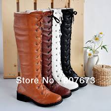 Plus Size Eu34 43 Cosplay Vintage White Black Brown Yellow Lace Up Women S Thick Heel Knee High Motorcycl Womens Knee High Boots Knee High Leather Boots Boots