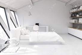 Wandfarbe schlafzimmer weisse möbel beste holzmöbel … Weisses Schlafzimmer Im Dachgeschoss Mit Einer Weissen Holzdecke Einem Weissen Boden Und Einer Weissen Und Einer Grauen Wand Einem Grossen Fenster Und Einem Bett Mit Einem Daneben Stehenden Tisch Seitenansicht Spott Der