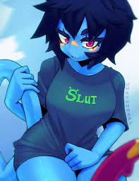 unknownspy, original, shrek (series), slut shirt, highres, 1girl, artist  name, black hair, black shirt, blue skin, colored skin, cowboy shot,  english text, looking at viewer, no pants, parted lips, red eyes, rikki (