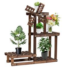What kind of vases are made of wood? Costway Wood Plant Stand 4 Tier Shelf Multiple Flower Pot Windmill Design Walmart Canada