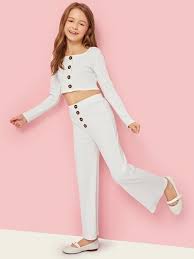 Pyjamas, robes, nightdresses and more. Girls Button Rib Knit Crop Tee Pants Set Kidenhouse