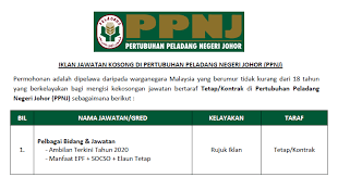 Unit perancang ekonomi negeri johor dengan ini mempelawa warganegara malaysia yang berkelayakan menyertai kami dengan mengisi jawatan kosong bahagian pentadbiran seperti tersenarai. Jawatan Kosong Di Pertubuhan Peladang Negeri Johor Ppnj