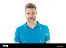Serious glance. Guy bristle serious face posing confidently white  background. Appearance depends