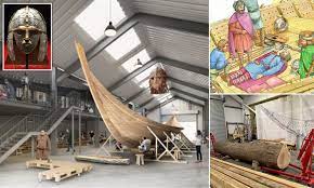 A helmet, sceptre, sword, hanging bowl, bowls and spoons, shoulder clasps, a belt buckle, and purse lid. Sutton Hoo Ship Found In Suffolk 80 Years Ago Will Be Rebuilt From 3d Computer Models Daily Mail Online