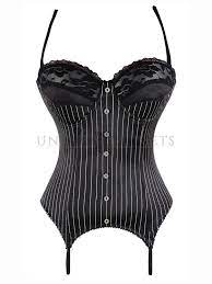 This classic bustier is made from datex. Black With White Stripes Overbust Corset With Garter Belts